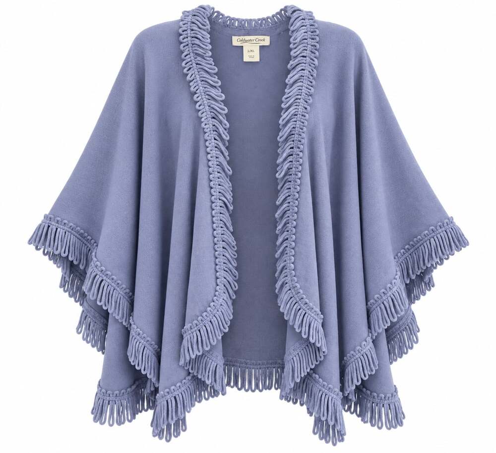Coldwater Creek Poncho Cape XL Purple Acrylic Fringe Open Wrap